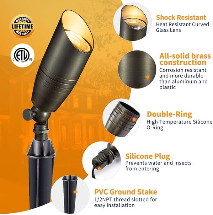 Brass Landscape Lighting Kit (4 Pack LED Spotlights) with 75W Low Voltage Transformer and Mechanical Timer and 100 Feet Cable and 20 Pack Wire Connectors