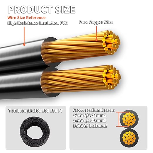 Low Voltage Landscape Lighting Copper Wire, 2 Conductor Wire,Low Voltage 12/14/16 AWG Copper Extension Cord for Speaker Wire 12V/24V DC(100FT)