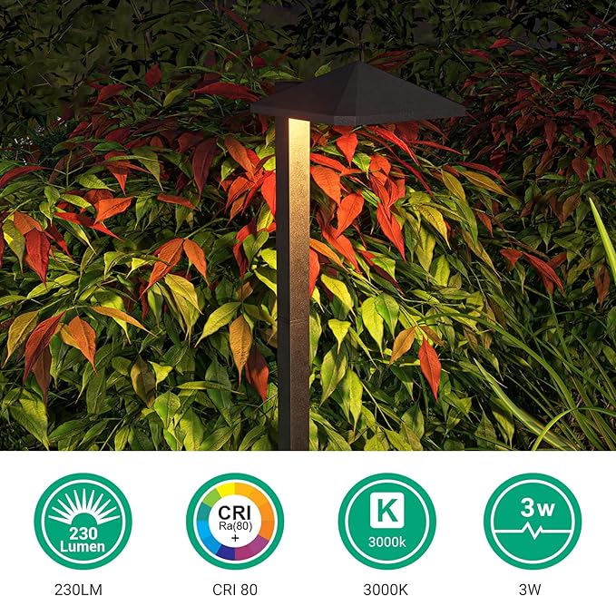Low Voltage Landscape Lighting, 3W 230LM 3000K 50,000 Hrs Waterproof LED Pathway Lights Wired Aluminum Housing, ETL Listed, 4 Pack