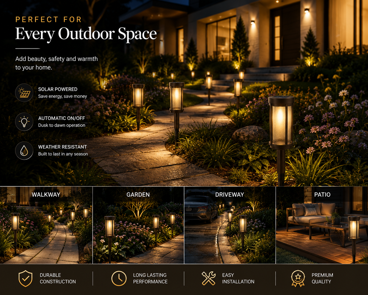 SmartYard Solar Pathway Lights Outdoor, 8-Pack Glass and Aluminum Garden Lights, IP65 Waterproof Warm White LED Lights for Walkways, Patios and Lawns
