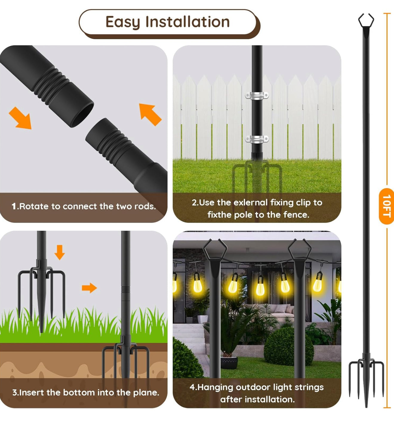 10Ft String Light Poles 4 Pack,Light Poles for Outside Lights,Outdoor with Fence Brackets Hanging Lights,Metal Stand