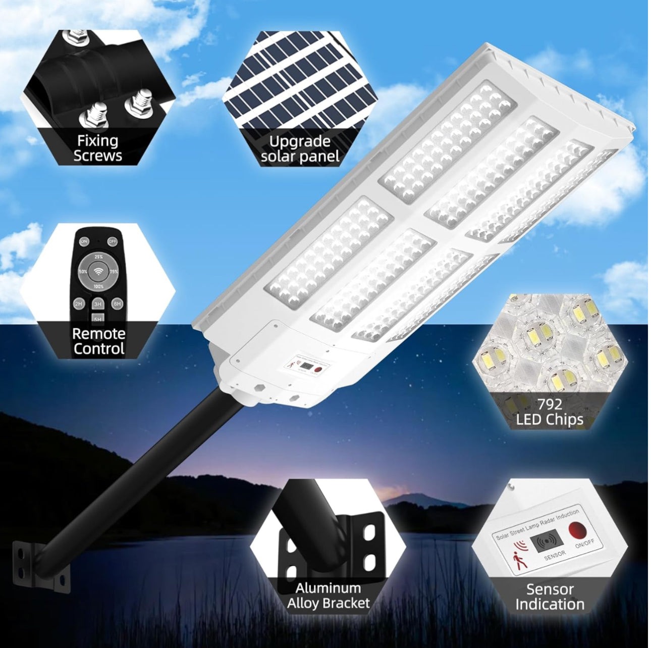 1500W Solar Street Light Outdoor Waterproof, 6500K Motion Sensor Lights Dusk to Dawn, 200,000LM Wall Light with Remote Control