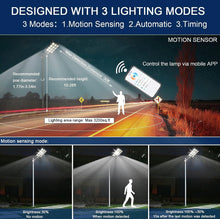 Load image into Gallery viewer, 2000W Solar Street Light Outdoor, 250000LM 6500K with Mobile App Remote Control Dusk to Dawn LED Motion Lamp, IP67 Waterproof