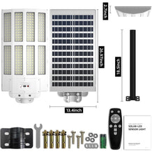Load image into Gallery viewer, 1500W Solar Street Light Outdoor Waterproof, 6500K Motion Sensor Lights Dusk to Dawn, 200,000LM Wall Light with Remote Control