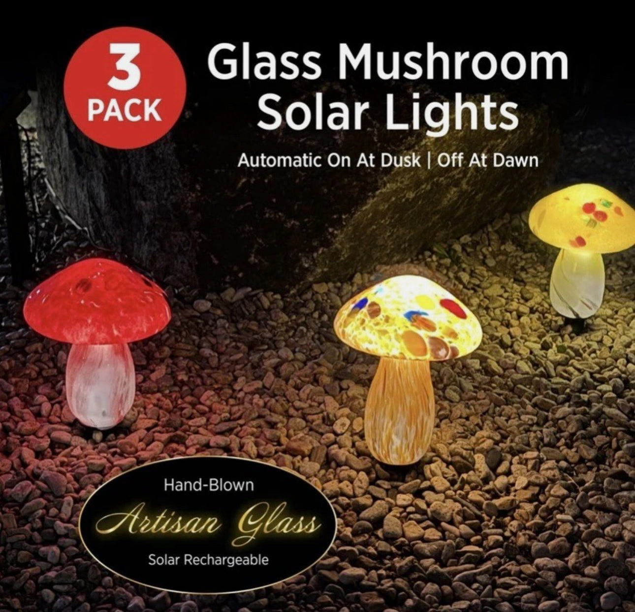 Infinity X1 Solar Glass Mushroom Landscape Accent Light, Set of 3 Pack