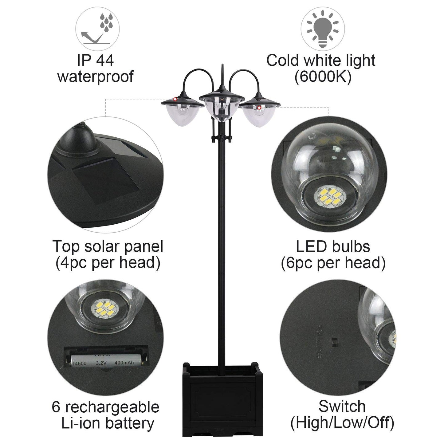 SmartYard 74.5" 3-Head Solar Lamp Post Street Light with Planter, Automatic-on, Black