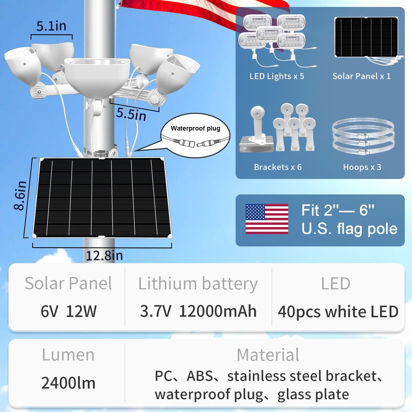 400W Solar Flag Pole Light for 15-40ft flagpole 5 Spotlights,Adjustable Clamps Fits 3-6''Diameter Inground Poles from Dusk to Dawn