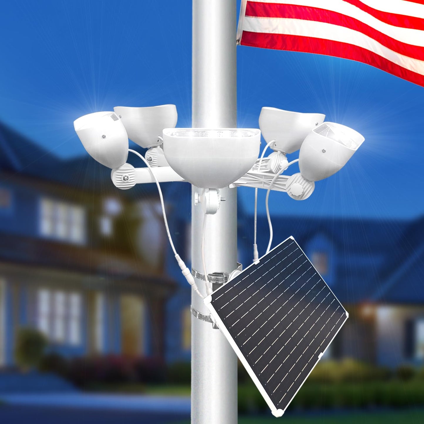 400W Solar Flag Pole Light for 15-40ft flagpole 5 Spotlights,Adjustable Clamps Fits 3-6''Diameter Inground Poles from Dusk to Dawn
