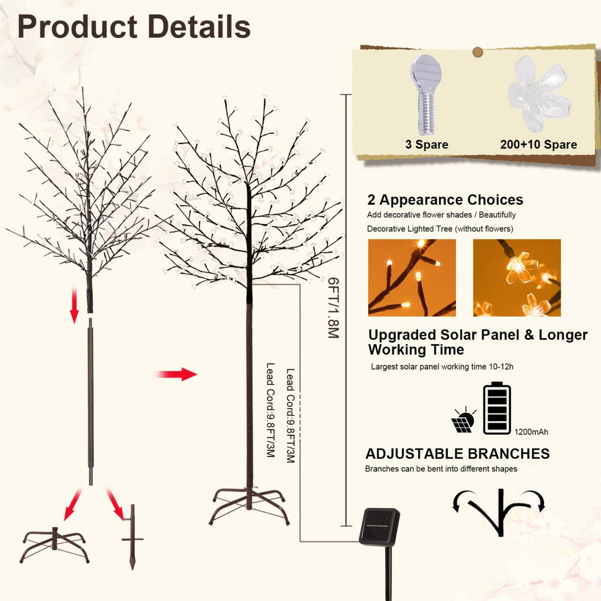 LumenX Solar Lighted Cherry Blossom Tree, 6 Feet 200LED Light Up Artificial Cherry Tree with Detachable Crystal Flower for Outdoor Porch Home Wedding Holiday Decoration (Warm White)