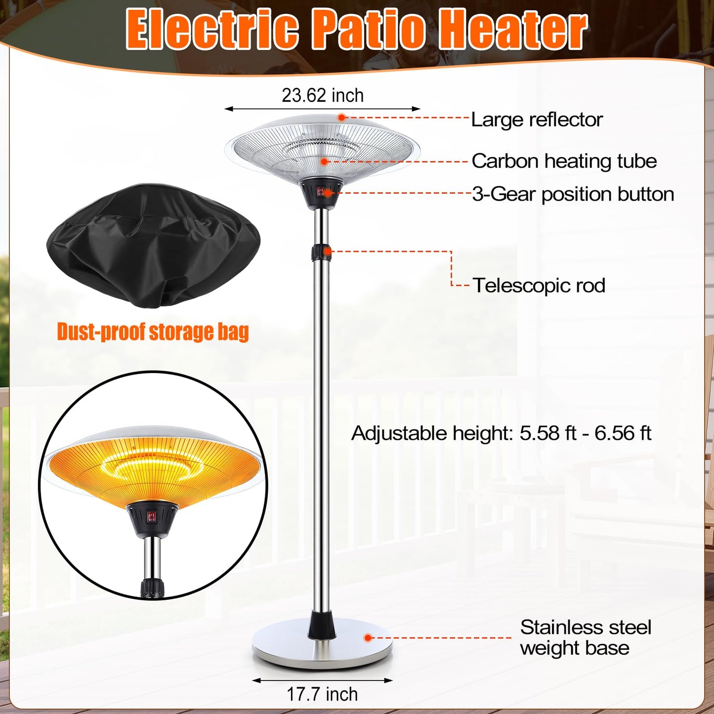 1500w Electric Patio Heater for Outdoor Stainless Steel Free Standing Infrared Space Heater with Adjustable Height and Dust Bag, Tip-over Protection