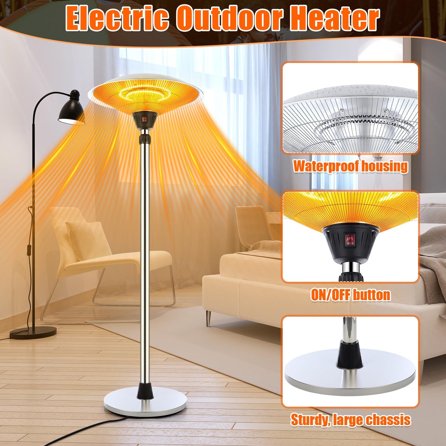 1500w Electric Patio Heater for Outdoor Stainless Steel Free Standing Infrared Space Heater with Adjustable Height and Dust Bag, Tip-over Protection