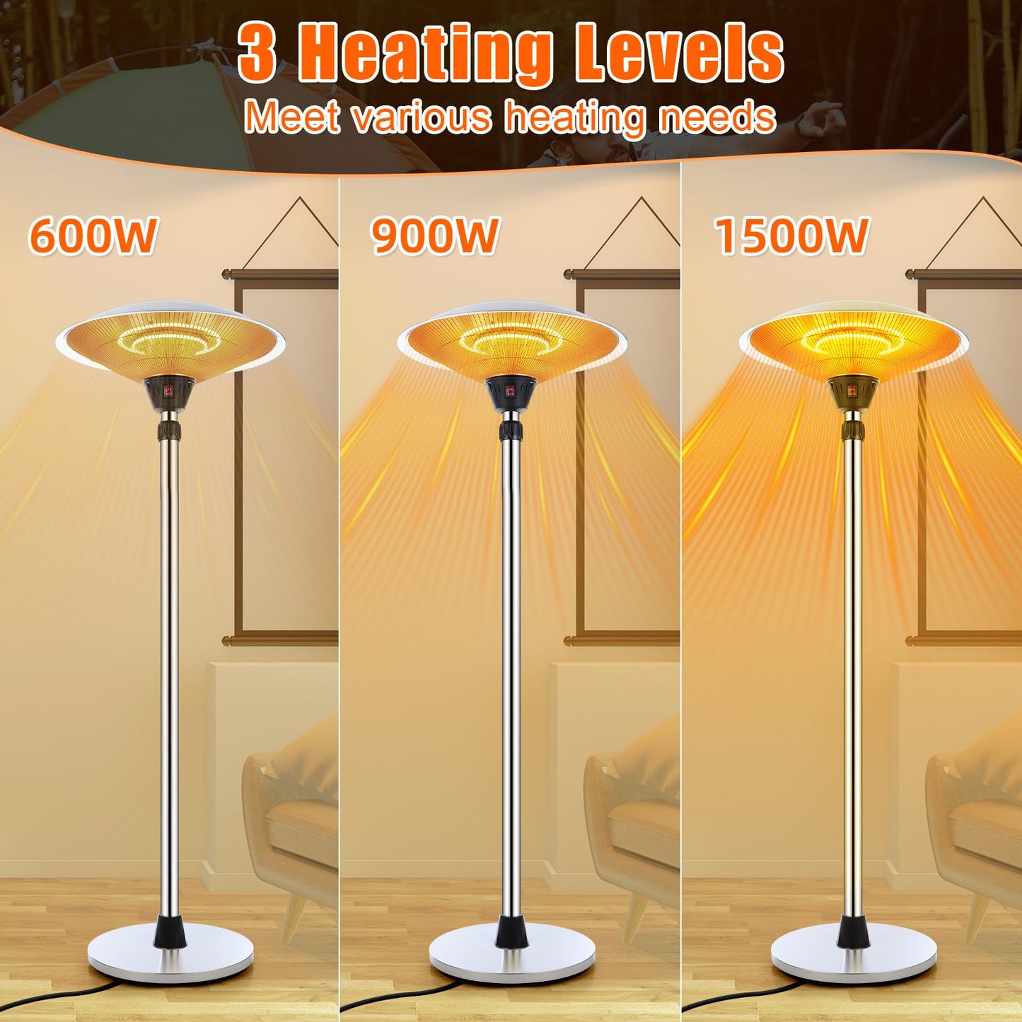 1500w Electric Patio Heater for Outdoor Stainless Steel Free Standing Infrared Space Heater with Adjustable Height and Dust Bag, Tip-over Protection