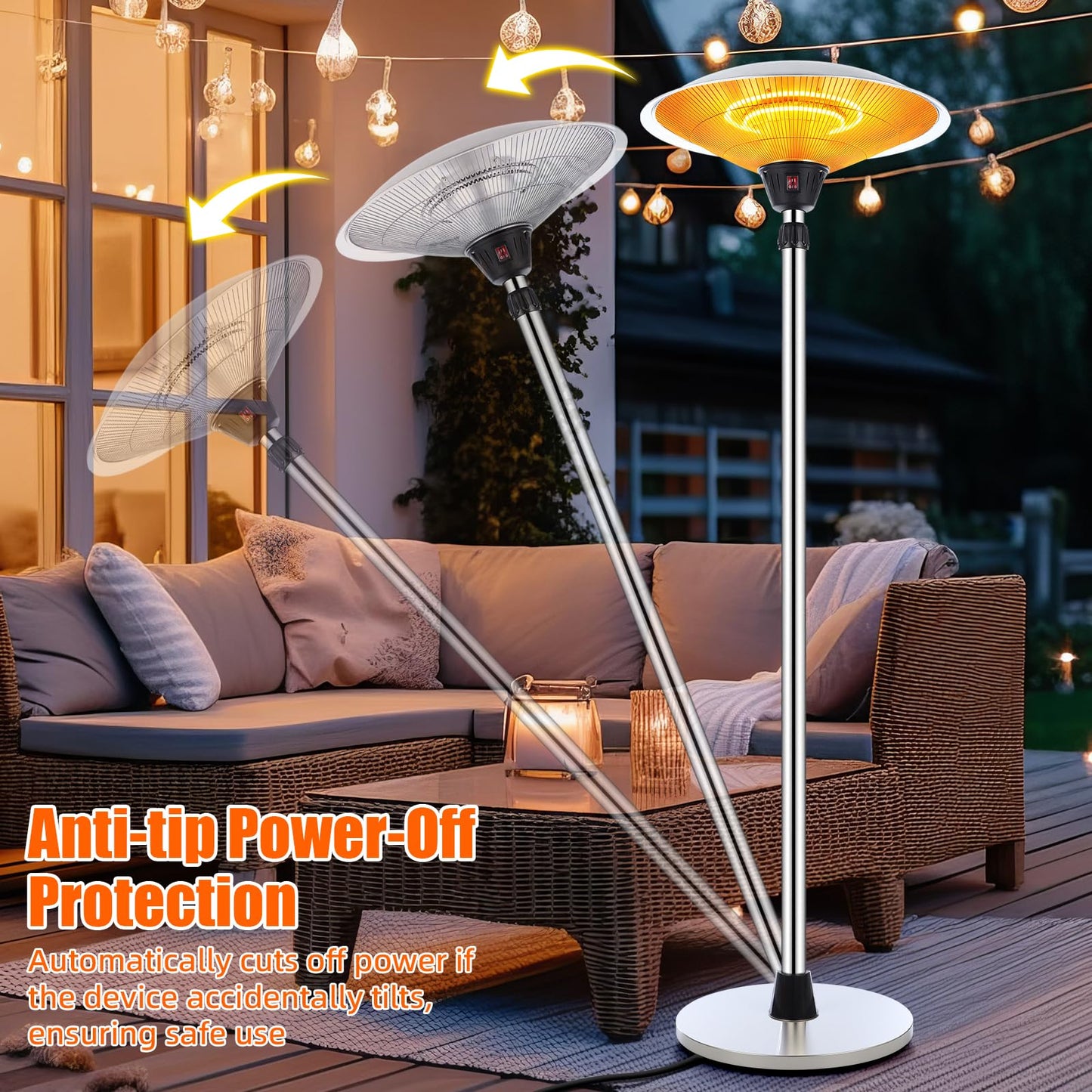1500w Electric Patio Heater for Outdoor Stainless Steel Free Standing Infrared Space Heater with Adjustable Height and Dust Bag, Tip-over Protection
