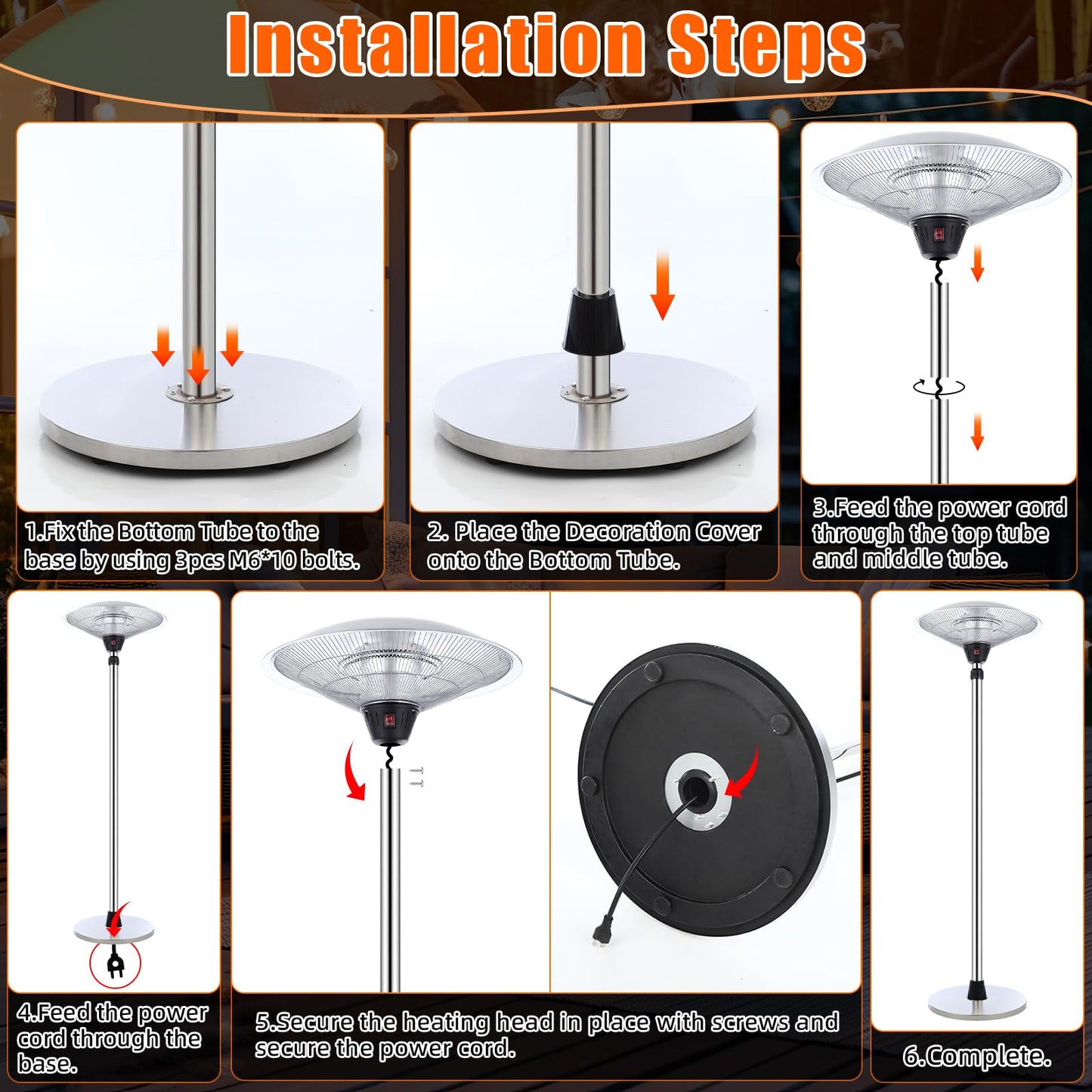 1500w Electric Patio Heater for Outdoor Stainless Steel Free Standing Infrared Space Heater with Adjustable Height and Dust Bag, Tip-over Protection