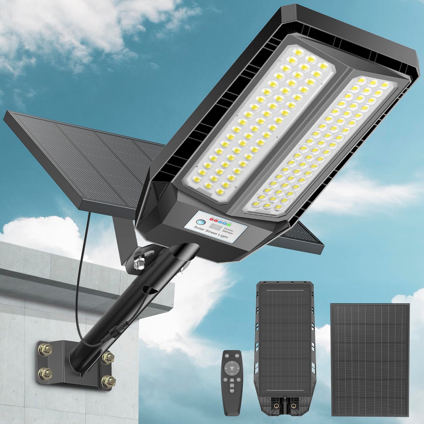 8500W Solar Street Lights Outdoor, 6500K Dusk to Dawn, LED Wide Angle Lamp with Motion Sensor and Remote Control