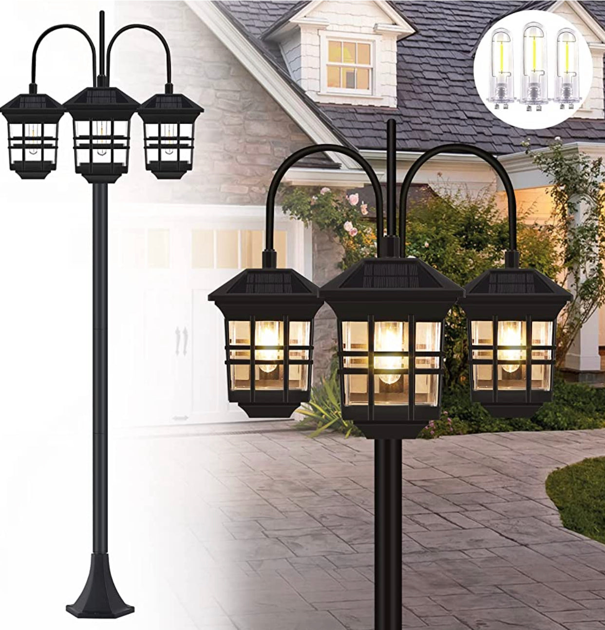 SmartYard 74.8β Outdoor Lamp Post Lights Solar Powered,3-Head Waterproof Street Lights 60 lumens