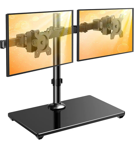 Freestanding Dual Monitor Stand with Sleek Glass Base and Adjustable ArmsHeave Duty , Mounts 2 Screens