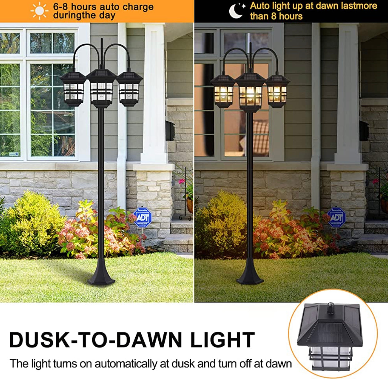 SmartYard 74.8β Outdoor Lamp Post Lights Solar Powered,3-Head Waterproof Street Lights 60 lumens