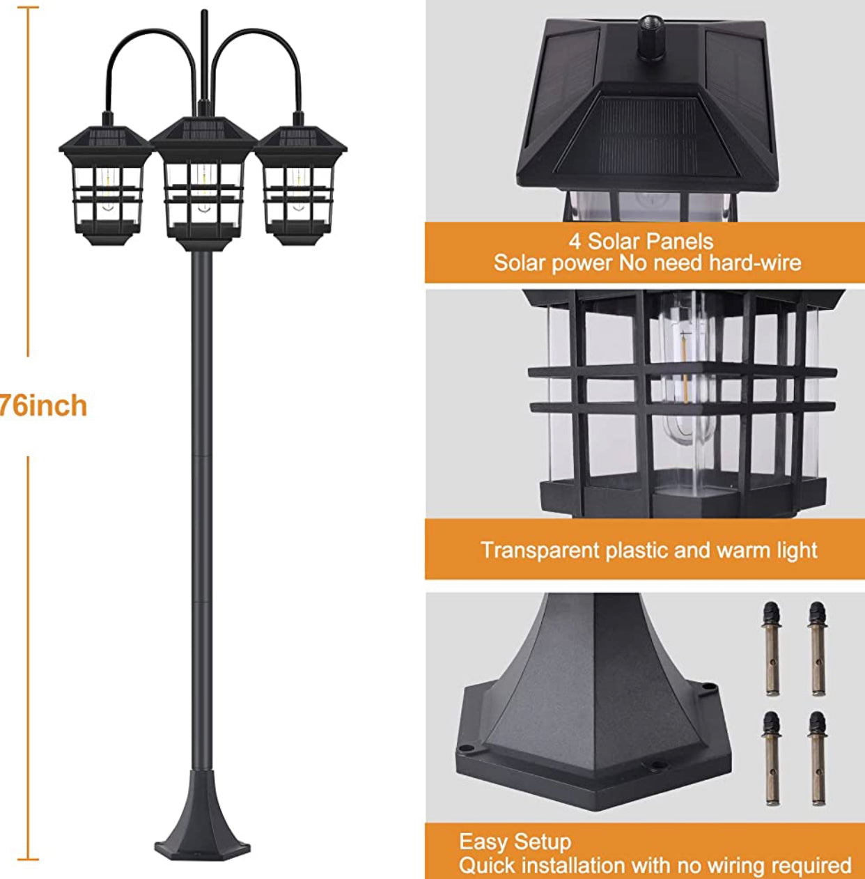 SmartYard 74.8β Outdoor Lamp Post Lights Solar Powered,3-Head Waterproof Street Lights 60 lumens