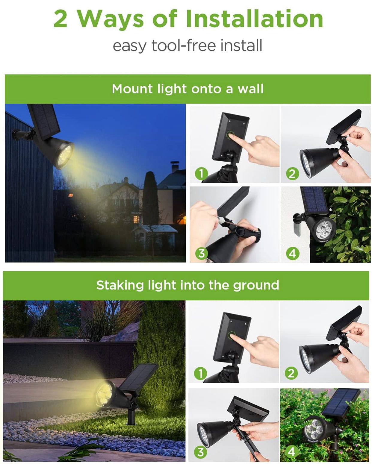 SmartYard Solar SpotLights Outdoor, Waterproof Solar Powered Landscape 2-in-1 Wall Light Auto On/Off , Pack of 4