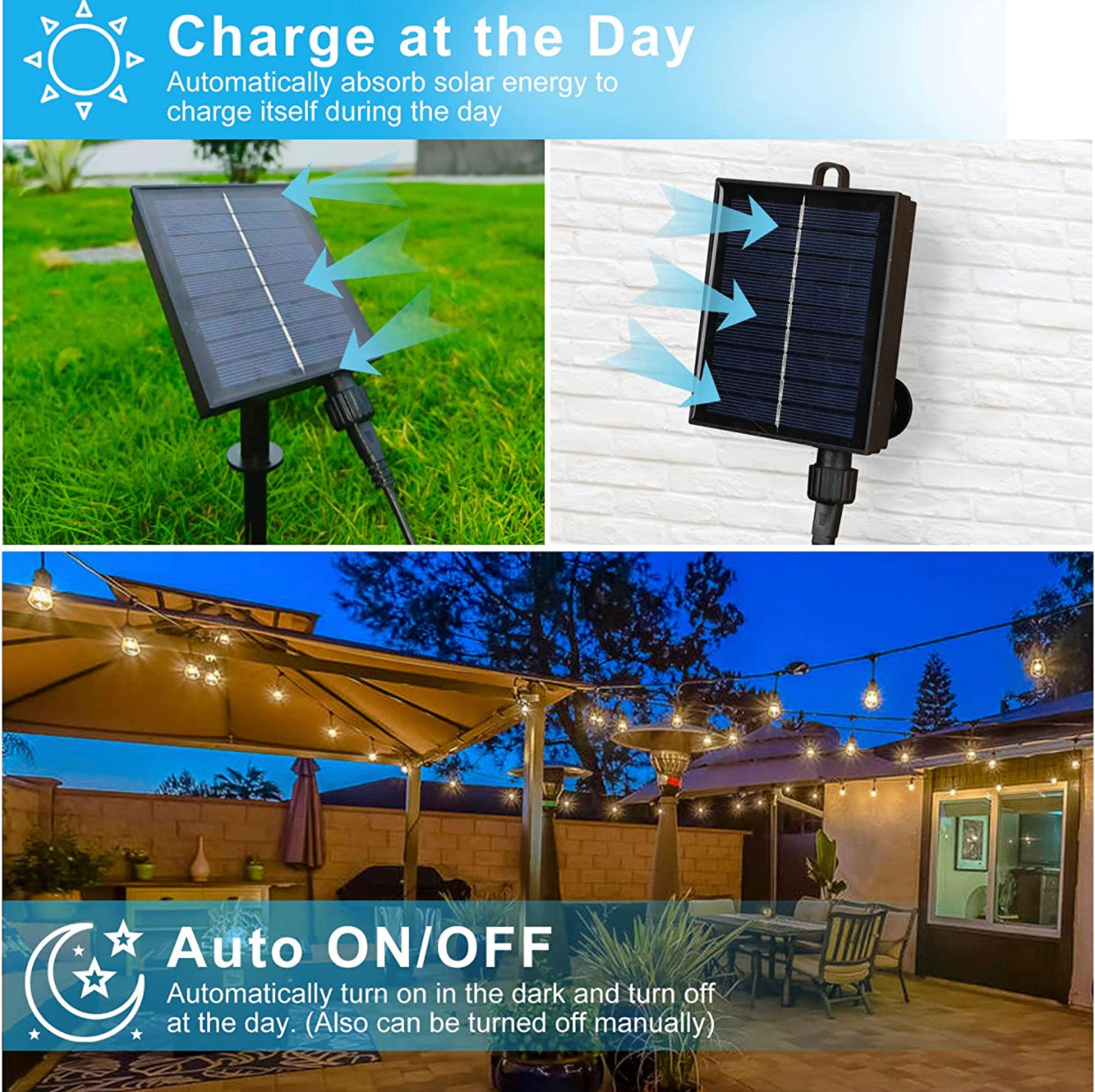 27 Ft Solar LED Outdoor String Lights ā 1W Retro Edison Globe Bulbs Waterproof - 27 Ft Bistro Lights