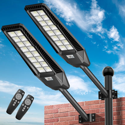 2 Pack 1600W Solar Street Lights Outdoor 90000 Lumens Dusk to Dawn With Remote and Motion Sensor