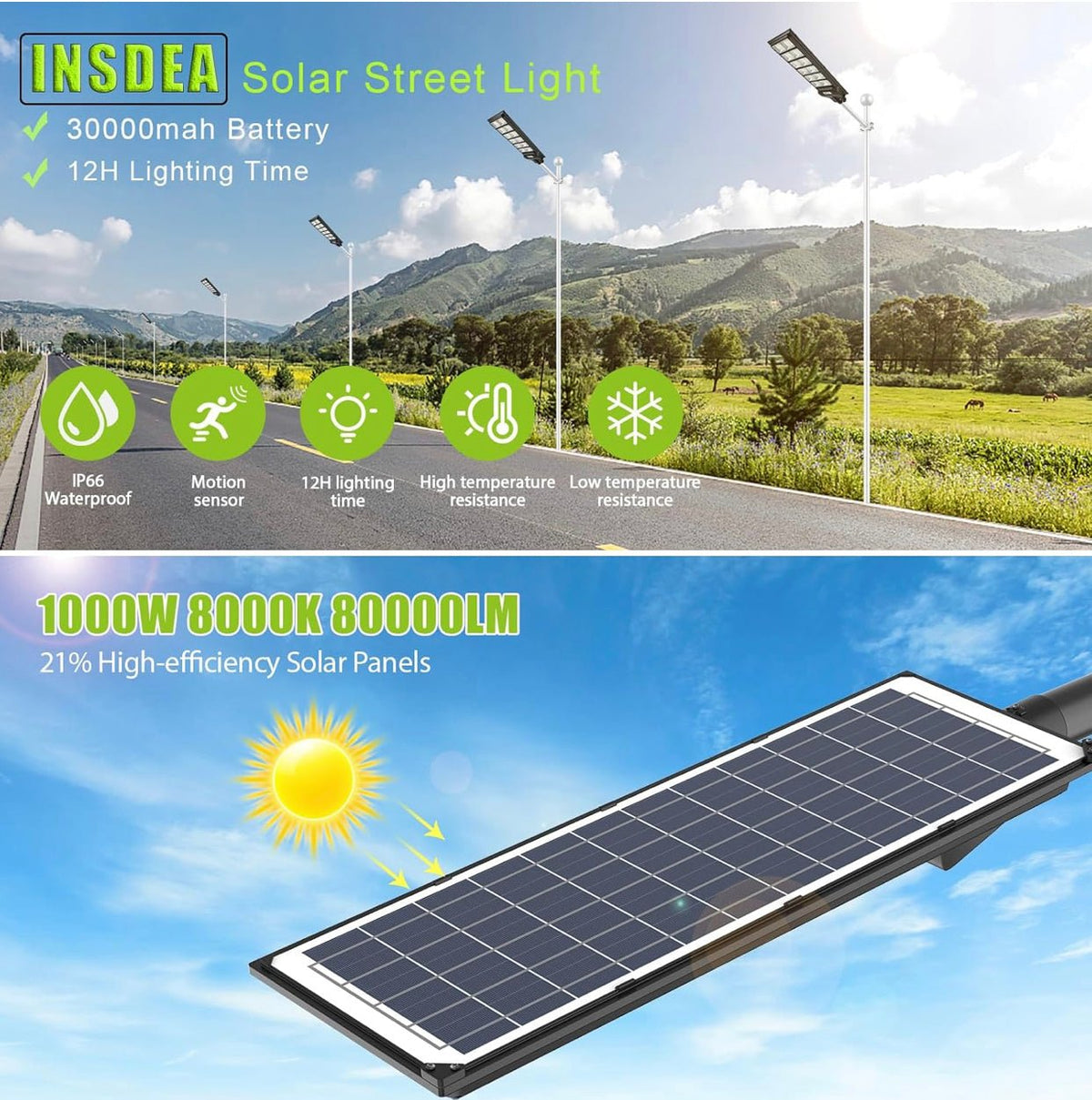 1000W Solar Street Light Motion Sensor, 80000LM IP65 Waterproof with Remote Control - Outdoor Solar Outlet