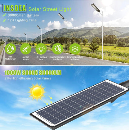 1000W Solar Street Light Motion Sensor, 80000LM IP65 Waterproof with Remote Control - Outdoor Solar Outlet