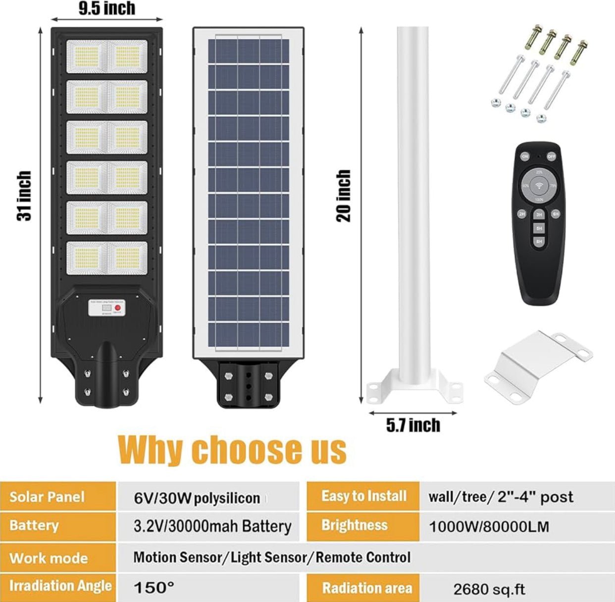 1000W Solar Street Light Motion Sensor, 80000LM IP65 Waterproof with Remote Control - Outdoor Solar Outlet