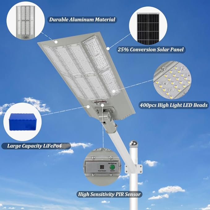 11,000W Aluminum Frame Solar Street Lights Outdoor Motion Sensor, Dusk to Dawn 200000LM with Remote Control - Outdoor Solar Outlet