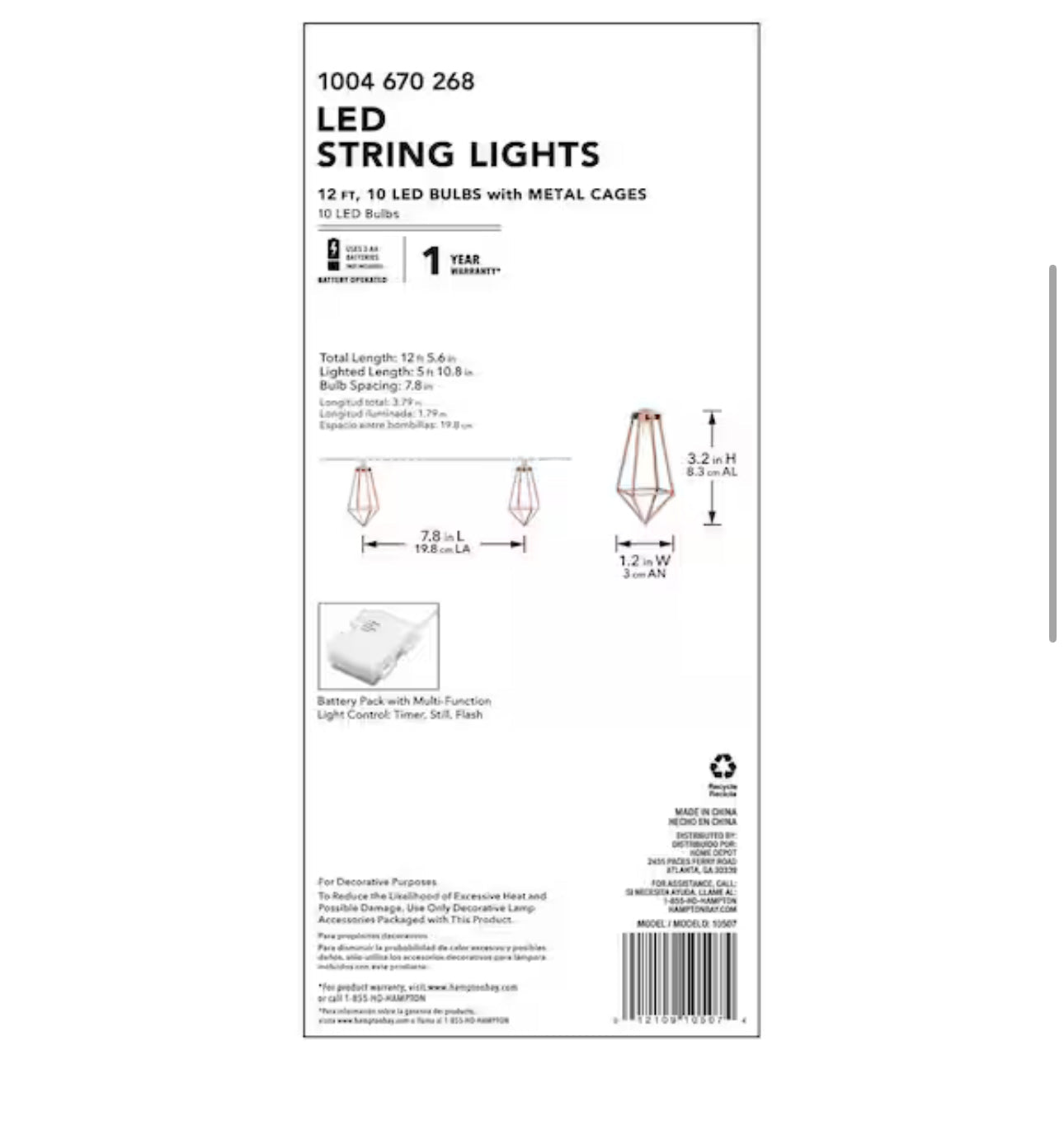 12Ft SmartYard Battery Operated Metal Indoor Integrated LED String Lights 10-Light - Outdoor Solar Outlet