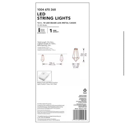 12Ft SmartYard Battery Operated Metal Indoor Integrated LED String Lights 10-Light - Outdoor Solar Outlet