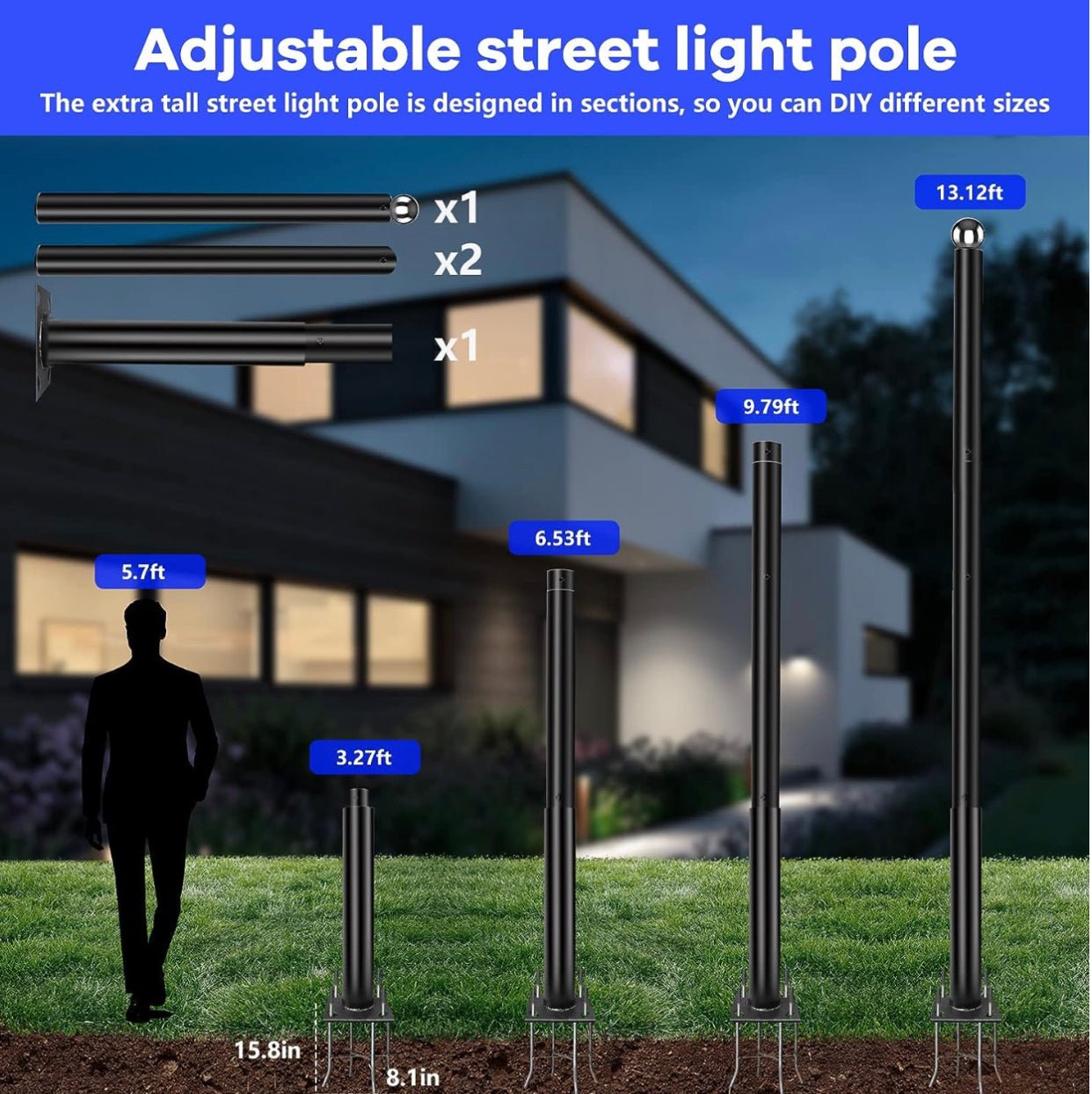 13FT Street Light Pole Garden Light Heavy Metal Light Pole Black Iron Aluminum Pole with Ground Cage and Mounting Kit for Heavy Duty - Outdoor Solar Outlet