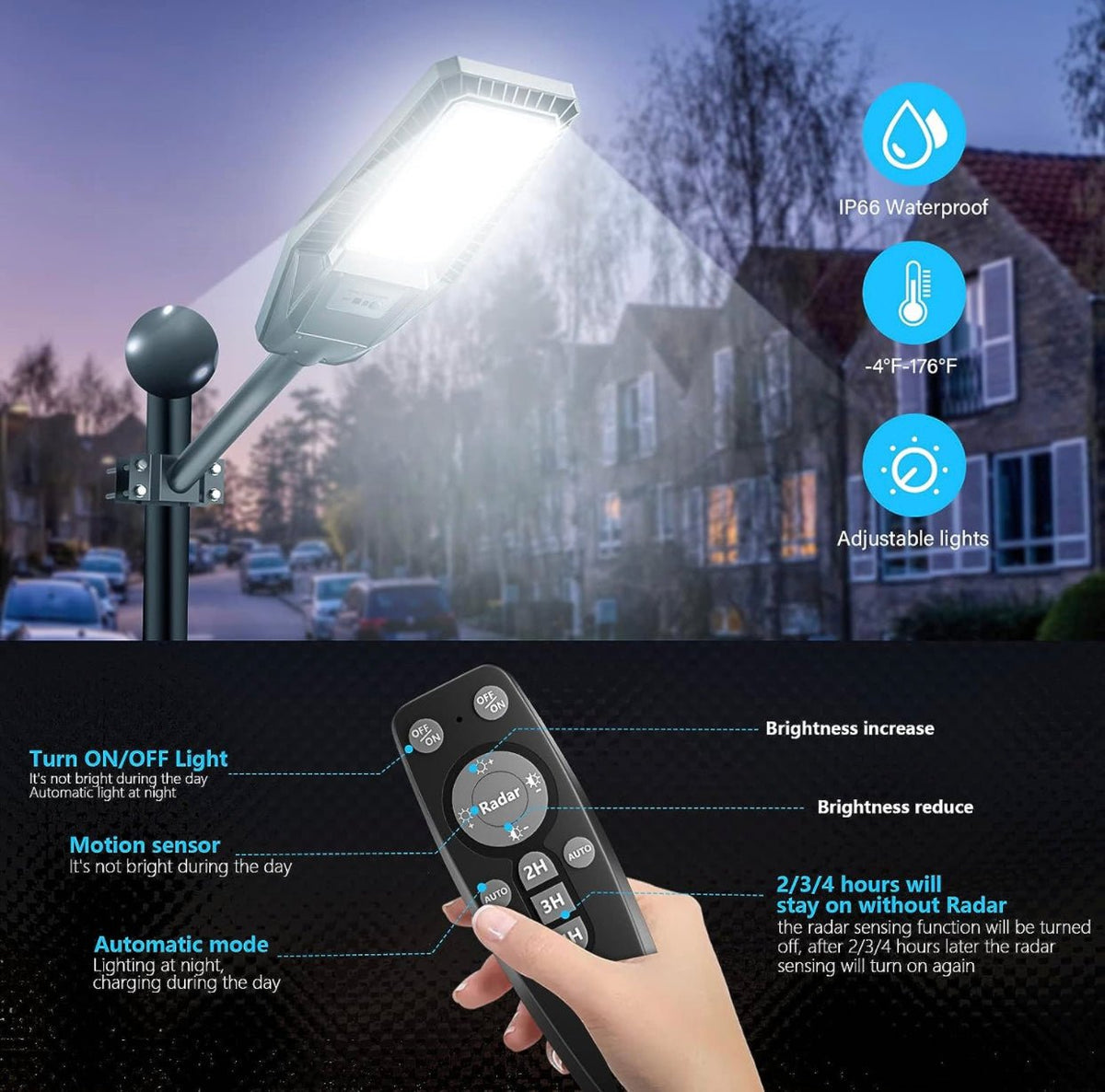 1500W Solar Street Light 30000LM LED Outdoor Waterproof Dusk to Dawn for Yard Lighting IP66 6000K with Bracket and Remote Control - Outdoor Solar Outlet