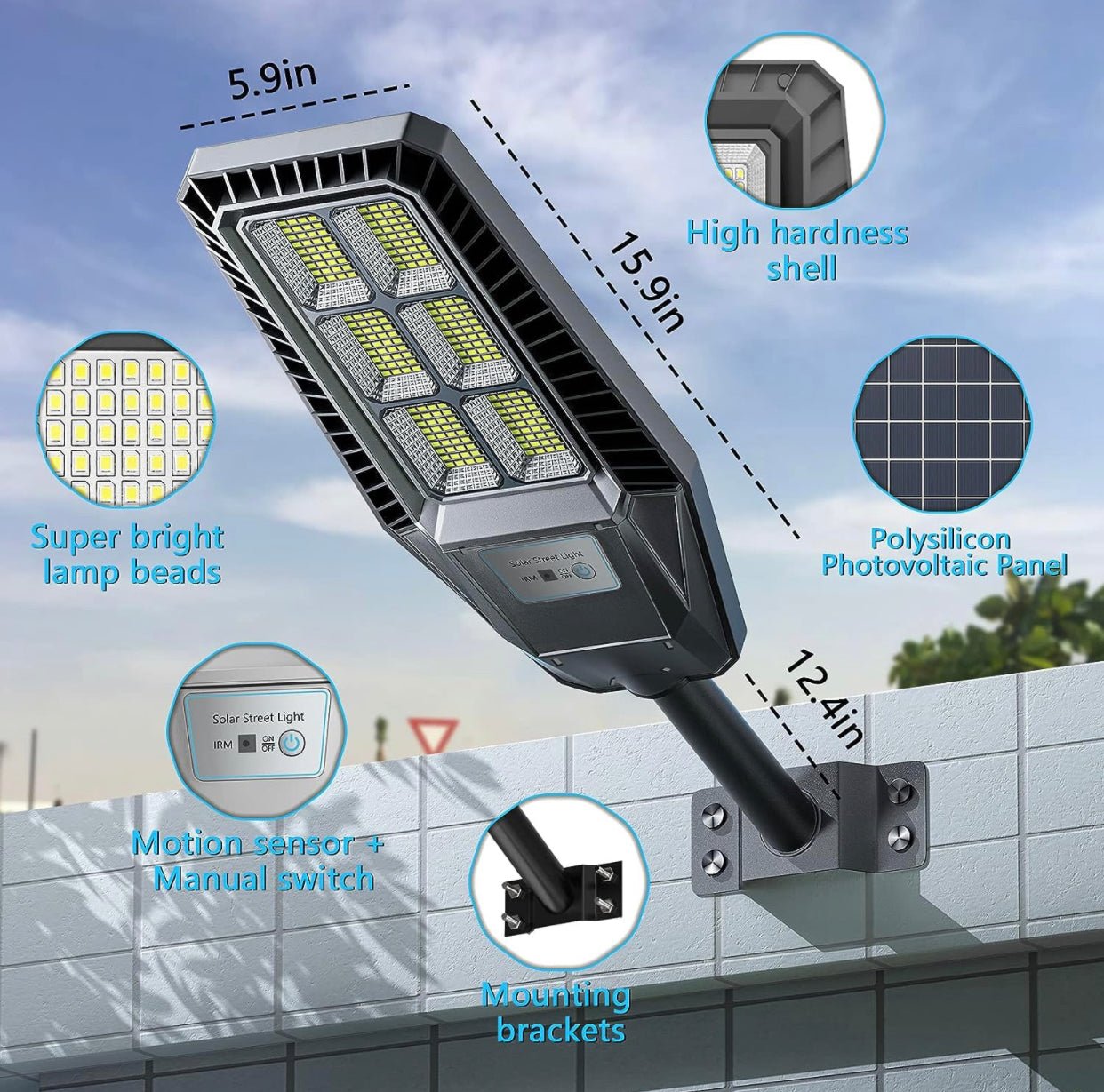 1500W Solar Street Light 30000LM LED Outdoor Waterproof Dusk to Dawn for Yard Lighting IP66 6000K with Bracket and Remote Control - Outdoor Solar Outlet