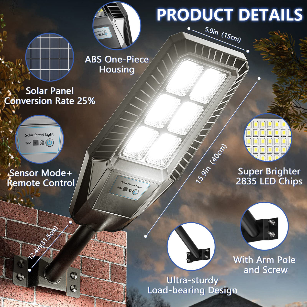 1500W Solar Street Light 30000LM LED Outdoor Waterproof Dusk to Dawn for Yard Lighting IP66 6000K with Bracket and Remote Control - Outdoor Solar Outlet