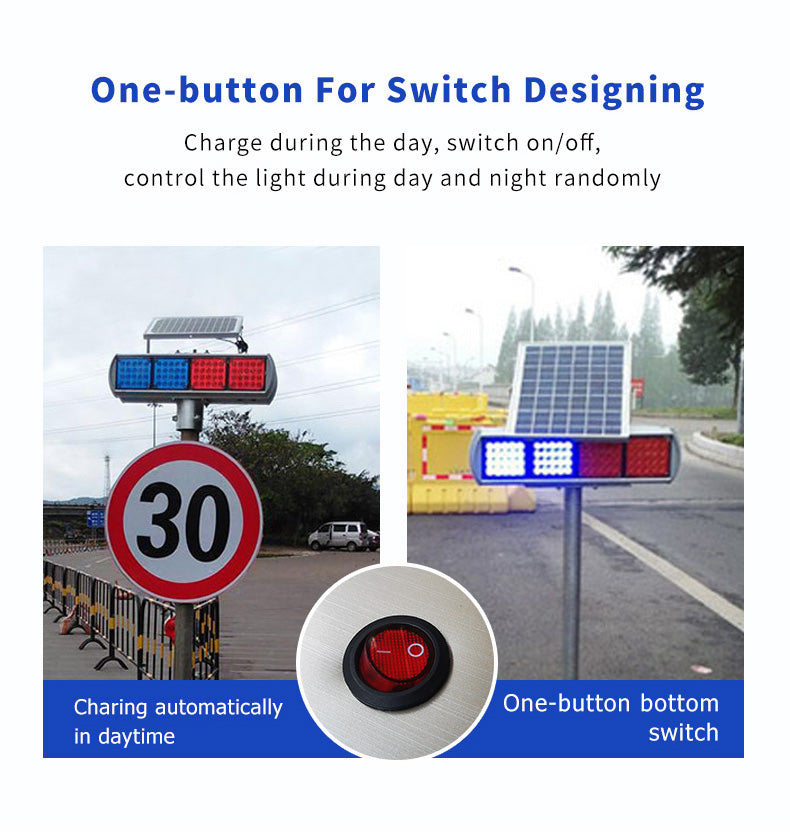 Solar Strobe Light Red and Blue Double-Sided Security Alarm Lights IP65 Waterproof LED Beacon Warning Flashing Lights with Light Control Switch for Traffic