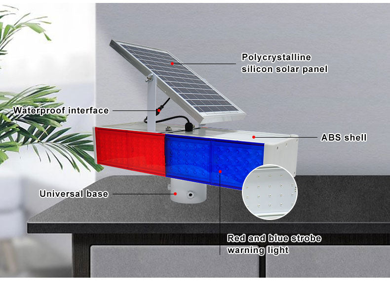 Solar Strobe Light Red and Blue Double-Sided Security Alarm Lights IP65 Waterproof LED Beacon Warning Flashing Lights with Light Control Switch for Traffic