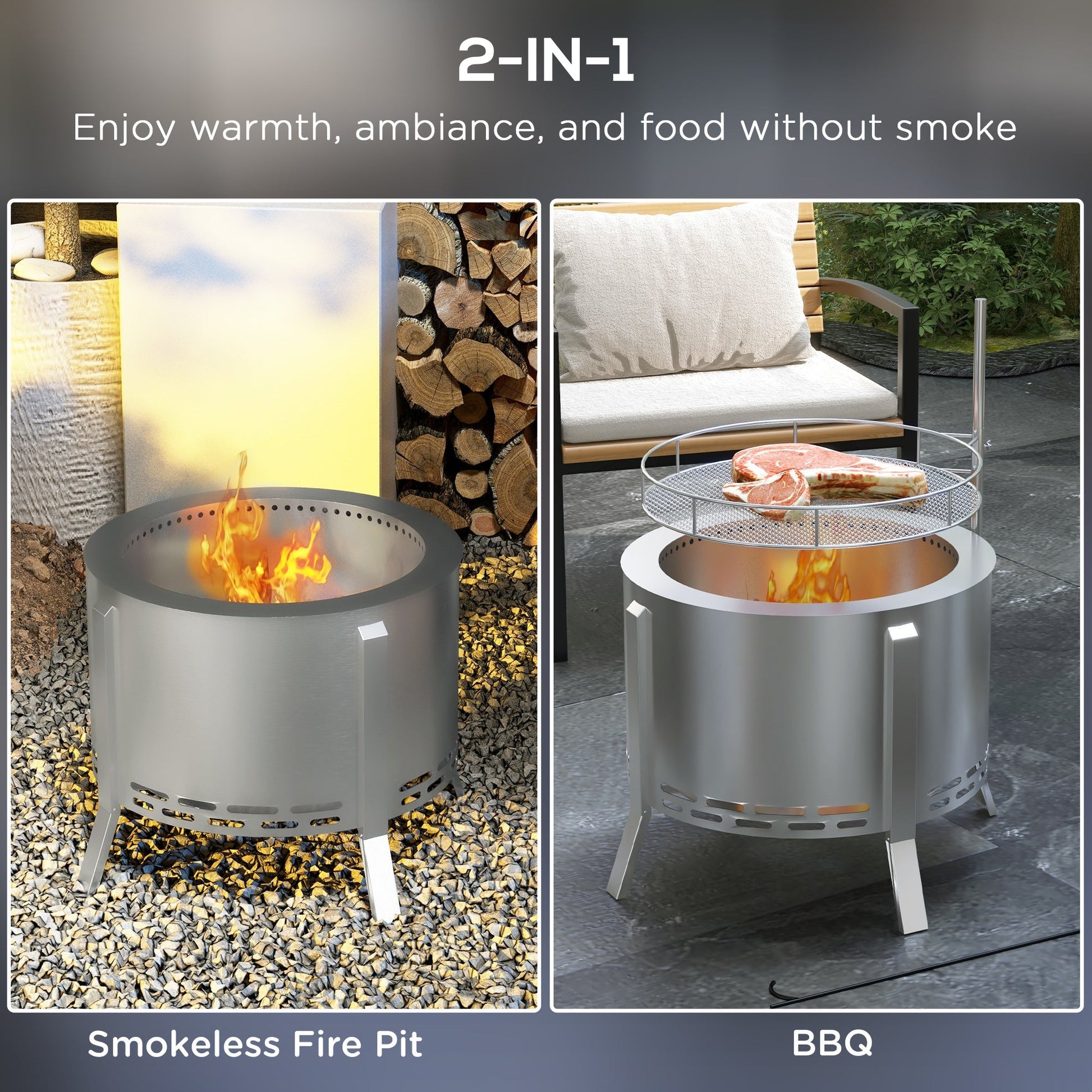 2-in-1 Portable Smokeless Fire Pit with Grill for Backyard Patio Picnic, Camping, Bonfire - Outdoor Solar Outlet