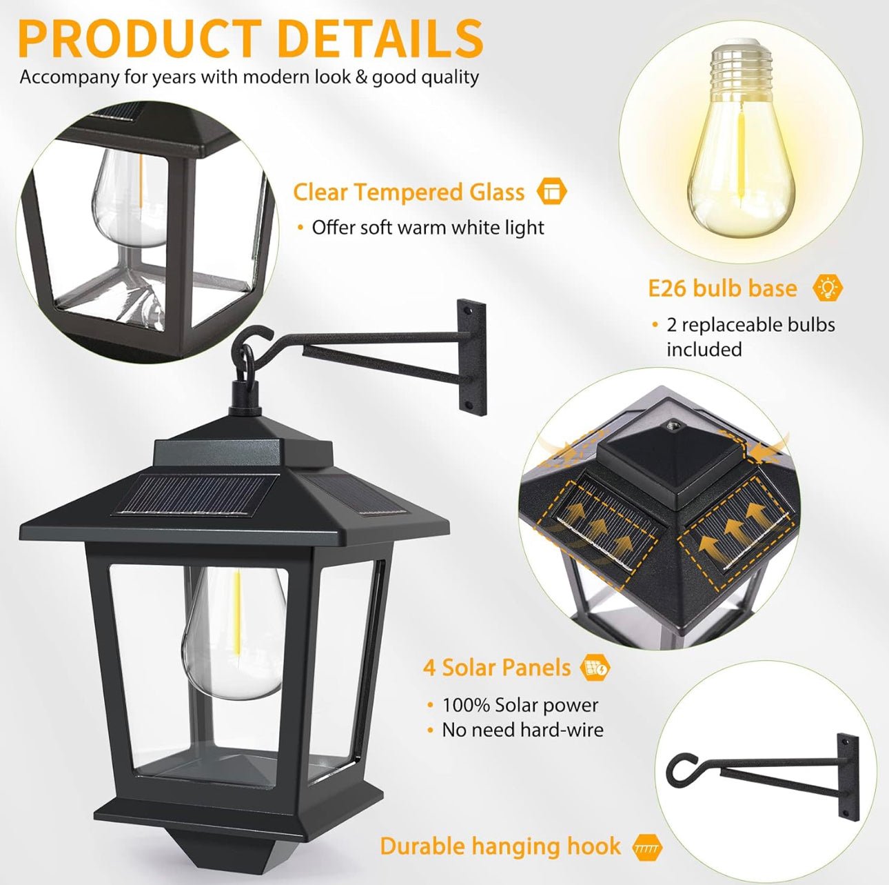2 Pack SmartYard Solar Wall Hanging Lanterns with Replaceable Bulb, 4 Solar Panels,Anti-Rust - Outdoor Solar Outlet
