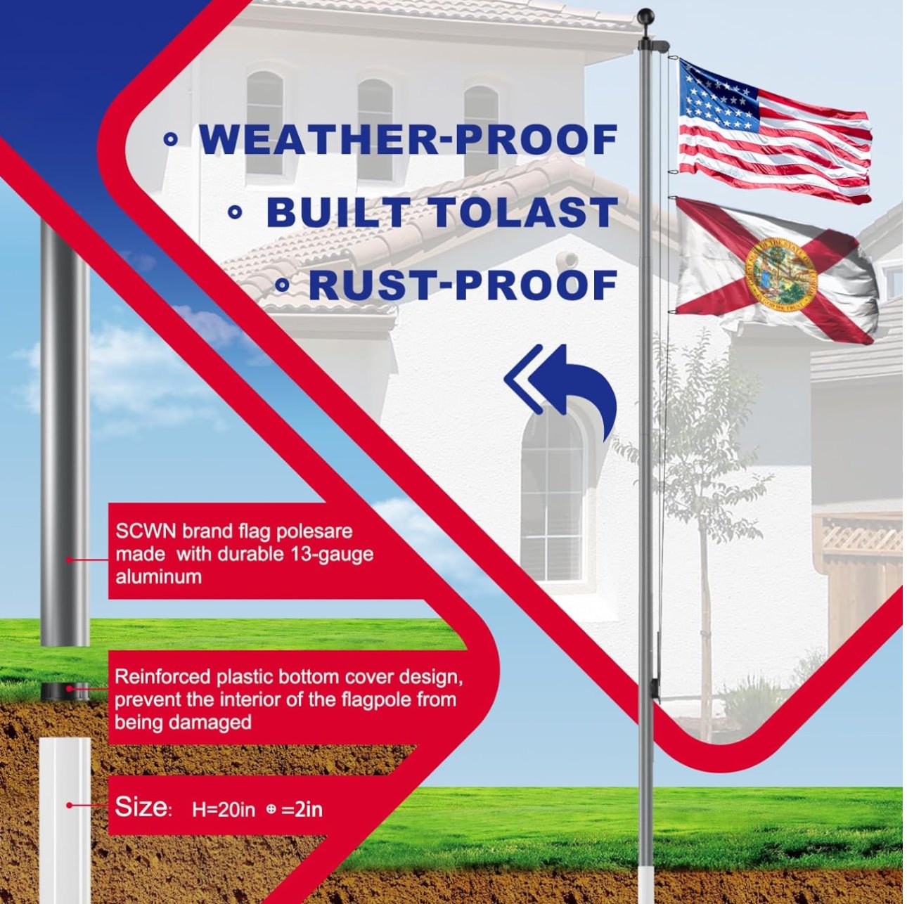 20 FT Flag Pole Heavy Duty Kit for Yard - Extra Thick Outdoor Flag Poles with 3x5 American Flag for Residential or Commercial - Outdoor Solar Outlet