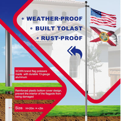 20 FT Flag Pole Heavy Duty Kit for Yard - Extra Thick Outdoor Flag Poles with 3x5 American Flag for Residential or Commercial - Outdoor Solar Outlet