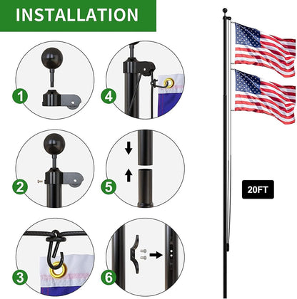 20 FT Flag Pole Heavy Duty Kit for Yard - Extra Thick Outdoor Flag Poles with 3x5 American Flag for Residential or Commercial - Outdoor Solar Outlet