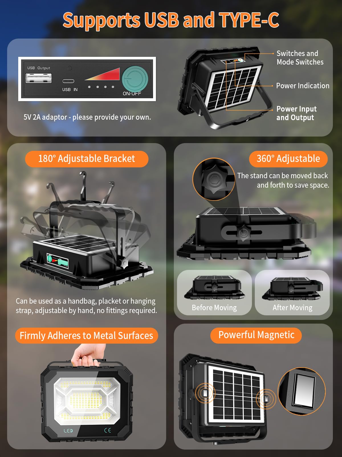 200W Solar Work Flood Light Rechargeable, 16000LM Portable Camping Lights 3000K/4500K/6500K, 16000mAh Battery - Outdoor Solar Outlet