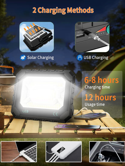 200W Solar Work Flood Light Rechargeable, 16000LM Portable Camping Lights 3000K/4500K/6500K, 16000mAh Battery - Outdoor Solar Outlet