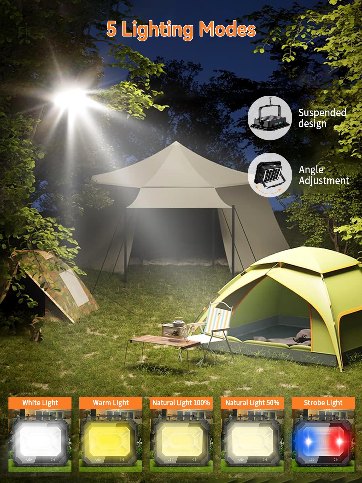 200W Solar Work Flood Light Rechargeable, 16000LM Portable Camping Lights 3000K/4500K/6500K, 16000mAh Battery - Outdoor Solar Outlet