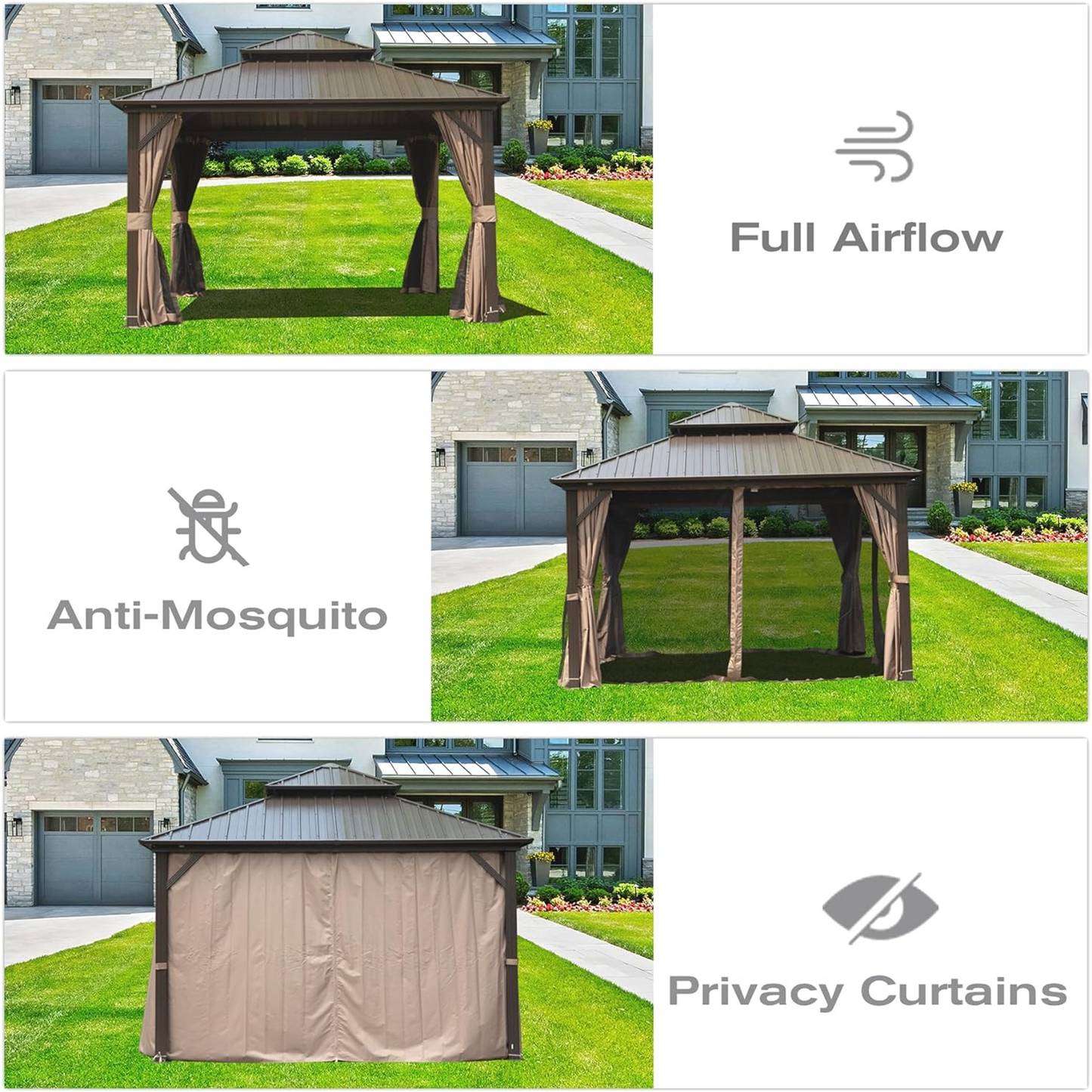 All-Season 8x8ft Hardtop Gazebo: Aluminum Frame, Double Roof, Curtains, & Netting for Protection from Sun, Rain, & Snow