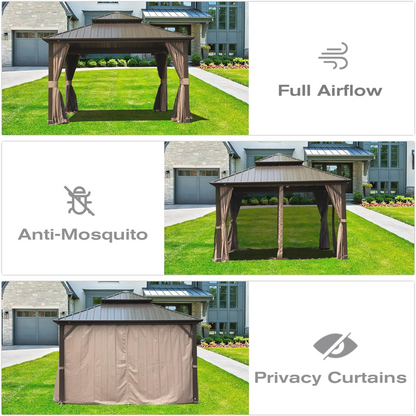 All-Season 8x8ft Hardtop Gazebo: Aluminum Frame, Double Roof, Curtains, & Netting for Protection from Sun, Rain, & Snow