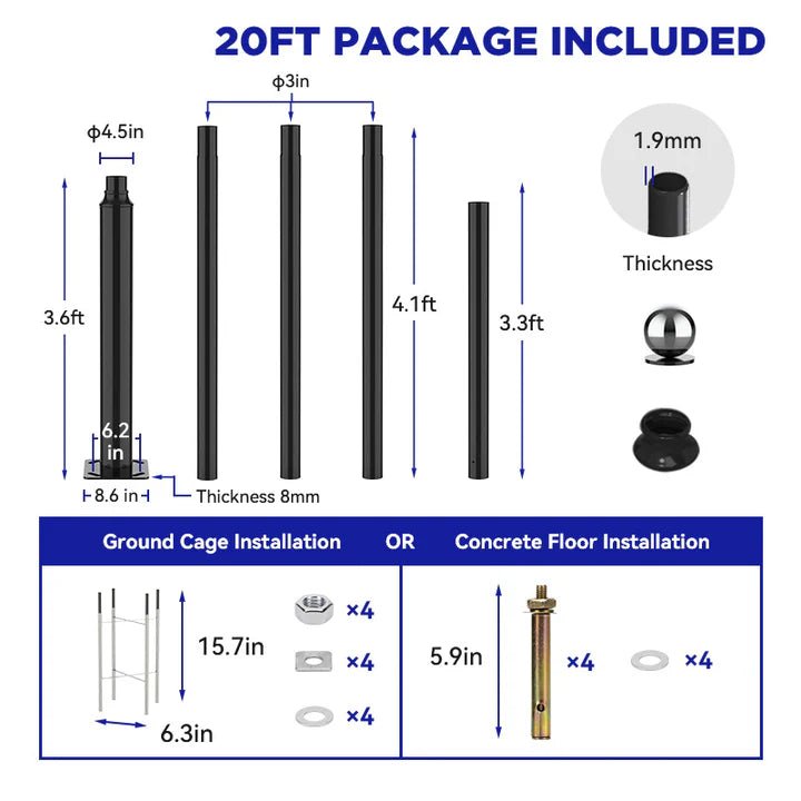 20Ft Commercial Grade Street/Parking/Flag Light Pole, Aluminum + Cage 1-Pack - Outdoor Solar Outlet