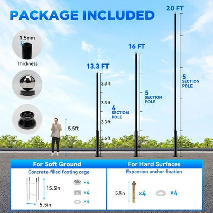 20Ft Commercial Grade Street/Parking/Flag Light Pole, Aluminum + Cage 1-Pack - Outdoor Solar Outlet